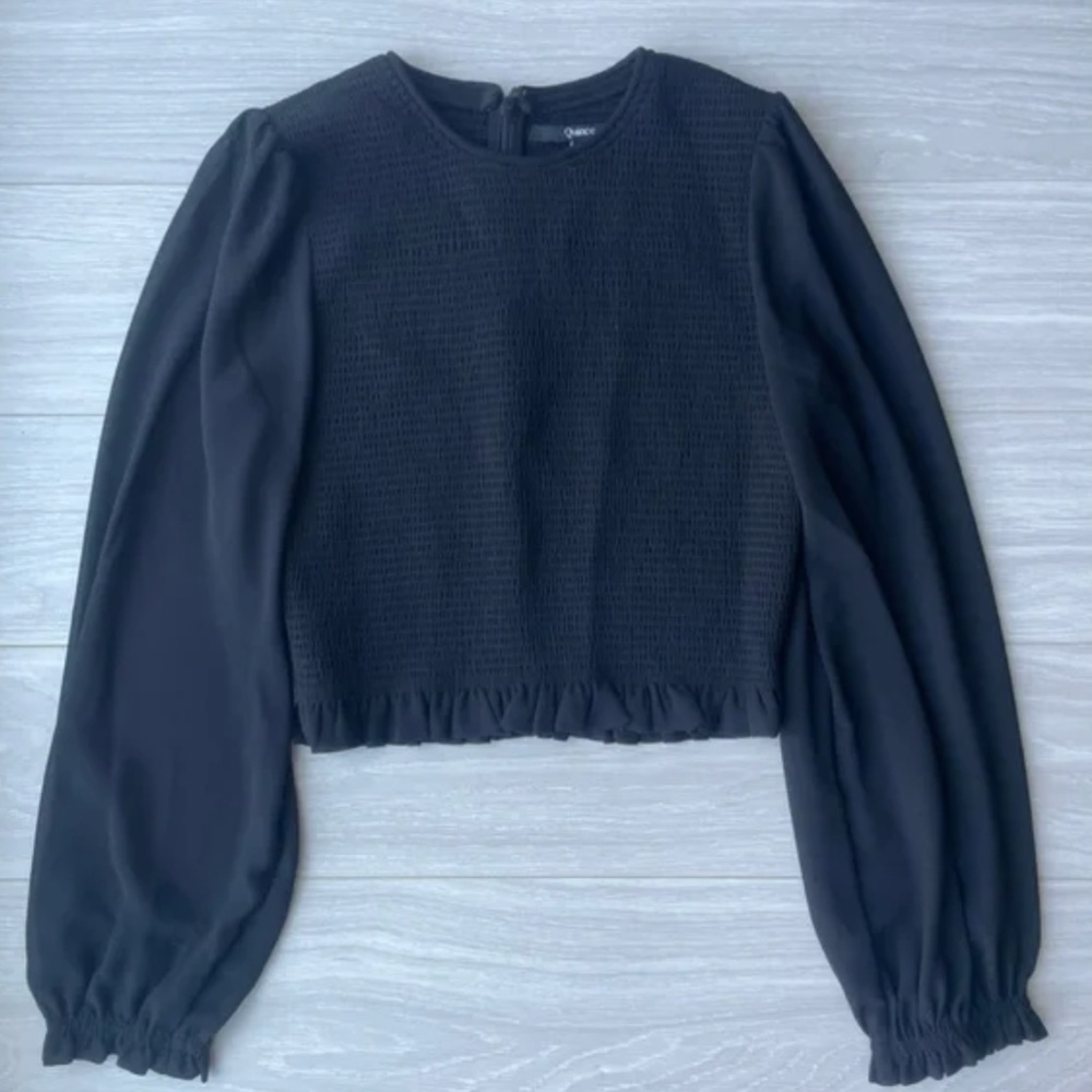 Quince Chiffon Cropped Smocked Blouse Navy Blue sz S NWT Long Sleeve Sheer Arm